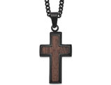 Men's Black Plated Stainless Steel Wood Inlay Cross Pendant Necklace with Chain